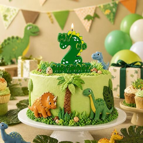 Green Dinosaur 2 Number Birthday Candles, 3.5×3.2" Dinosaur Themed 2nd Cake Topper Candles for Birthday Parties Celebration in Saudi Arabia