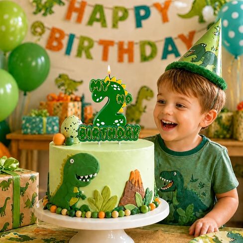 Green Dinosaur 2 Number Birthday Candles, 3.5×3.2" Dinosaur Themed 2nd Cake Topper Candles for Birthday Parties Celebration in Saudi Arabia