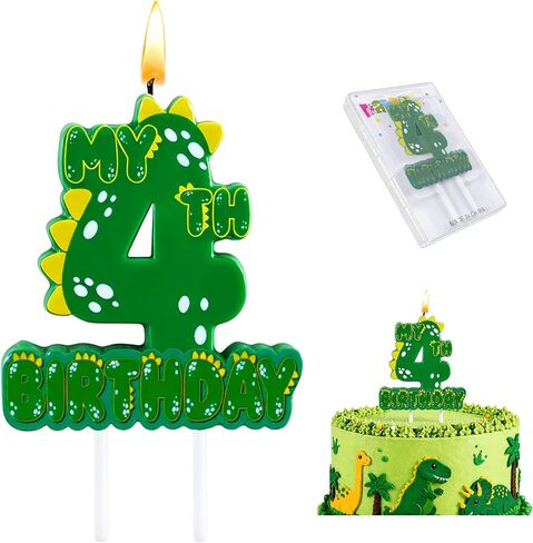 Green Dinosaur 4 Number Birthday Candles, 3.5×3.2" Dinosaur Themed 4th Cake Topper Candles for Birthday Parties Celebration in Saudi Arabia