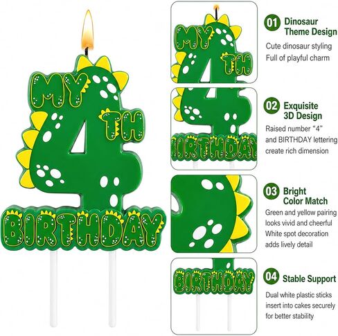 Green Dinosaur 4 Number Birthday Candles, 3.5×3.2" Dinosaur Themed 4th Cake Topper Candles for Birthday Parties Celebration in Saudi Arabia