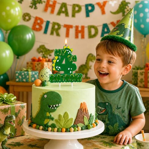Green Dinosaur 4 Number Birthday Candles, 3.5×3.2" Dinosaur Themed 4th Cake Topper Candles for Birthday Parties Celebration in Saudi Arabia