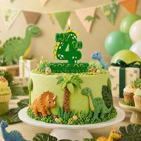 Green Dinosaur 4 Number Birthday Candles, 3.5×3.2" Dinosaur Themed 4th Cake Topper Candles for Birthday Parties Celebration in Saudi Arabia