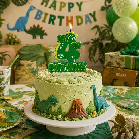 Green Dinosaur 4 Number Birthday Candles, 3.5×3.2" Dinosaur Themed 4th Cake Topper Candles for Birthday Parties Celebration in Saudi Arabia
