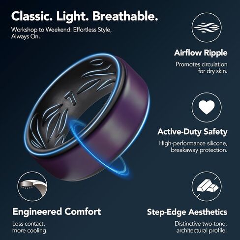 King Will Silicone Wedding Ring for Men Women, 8mm Two-Tone Step Edge Band, Breathable Water Ripple Inner Comfort Fit, Flexible Rubber Ring for Work, Gym, Outdoor, Size 7-13 in Saudi Arabia