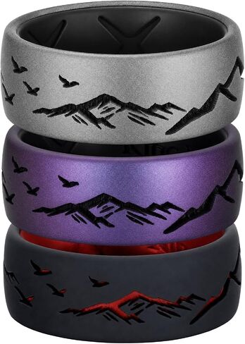 King Will Mountain Silicone Rings for Men Rubber Wedding Bands Patterned Design Hypoallergenic for Gym Sports Comfort Fit in Kuwait