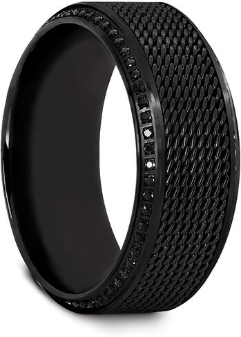 Knight Titanium Wedding Ring Comfort Fit Mesh Steel Chain Black Titanium Wedding Ring Polished Beveled Edges Set with Round Black Diamonds - 10 mm Wide in Kuwait