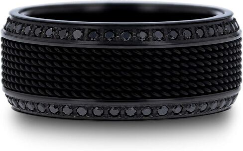 Knight Titanium Wedding Ring Comfort Fit Mesh Steel Chain Black Titanium Wedding Ring Polished Beveled Edges Set with Round Black Diamonds - 10 mm Wide in Kuwait