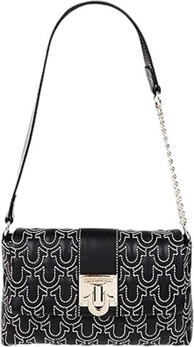 True Religion Shoulder Bag, Horseshoe Quilt Logo Plaque Flap Purse with Chain Strap, Quilted Stitch Design and Gold Hardware, Black in Kuwait