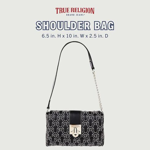 True Religion Shoulder Bag, Horseshoe Quilt Logo Plaque Flap Purse with Chain Strap, Quilted Stitch Design and Gold Hardware, Black in Kuwait