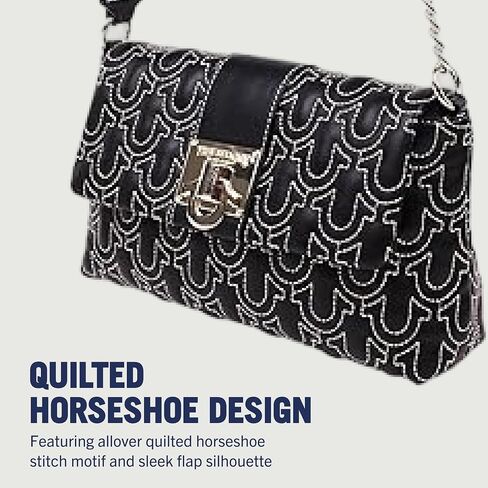 True Religion Shoulder Bag, Horseshoe Quilt Logo Plaque Flap Purse with Chain Strap, Quilted Stitch Design and Gold Hardware, Black in Kuwait