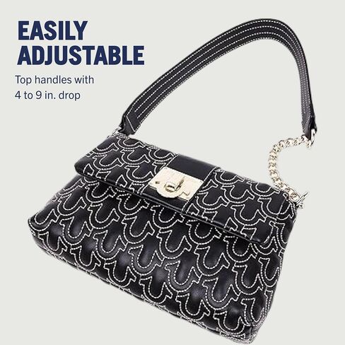 True Religion Shoulder Bag, Horseshoe Quilt Logo Plaque Flap Purse with Chain Strap, Quilted Stitch Design and Gold Hardware, Black in Kuwait
