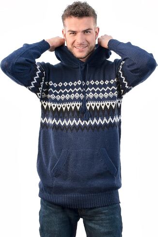 Fair Isle Hooded Sweater, Nordic Pattern Pullover with Kangaroo Pocket (US, Alpha, Large, Regular, Regular, Navy Blue) in Kuwait