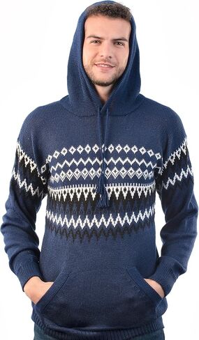Fair Isle Hooded Sweater, Nordic Pattern Pullover with Kangaroo Pocket (US, Alpha, Large, Regular, Regular, Navy Blue) in Kuwait
