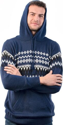 Fair Isle Hooded Sweater, Nordic Pattern Pullover with Kangaroo Pocket (US, Alpha, Large, Regular, Regular, Navy Blue) in Kuwait