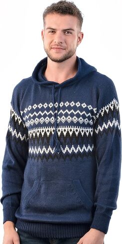 Fair Isle Hooded Sweater, Nordic Pattern Pullover with Kangaroo Pocket (US, Alpha, Large, Regular, Regular, Navy Blue) in Kuwait
