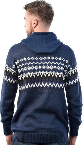 Fair Isle Hooded Sweater, Nordic Pattern Pullover with Kangaroo Pocket (US, Alpha, Large, Regular, Regular, Navy Blue) in Kuwait