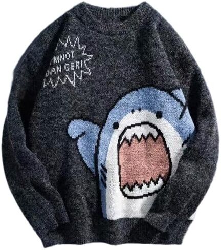 Men's and Women's Shark Pattern Round Neck Knitted Sweater, Loose Couple Knitted Pullover top in Saudi Arabia