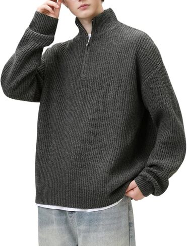 POHADON 2026 Quarter Zip Up Chunky Knit Turtleneck Sweater Fall Winter Grandpa Aesthetic Pullover Tops Trendy Y2k Clothes in Kuwait