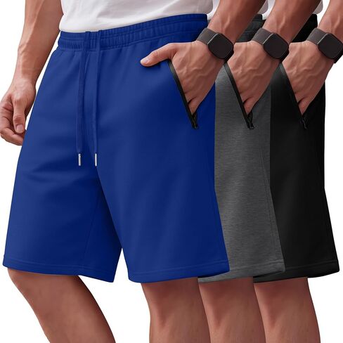 Neer 3 Pack Men's Sweat Shorts Casual Athletic Shorts Drawstring Waist with Zipper Pockets Baggy Sweatpant Running Summer in Kuwait