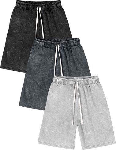 COZYPOIN 3 Pack Mens Athletic Sweat Shorts Acid Washed Cotton Elastic Waist Gym Workout Running Casual Short with Pockets in Kuwait