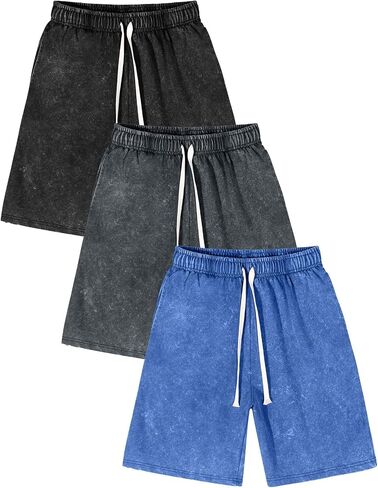 COZYPOIN 3 Pack Mens Athletic Sweat Shorts Acid Washed Cotton Elastic Waist Gym Workout Running Casual Short with Pockets in Kuwait