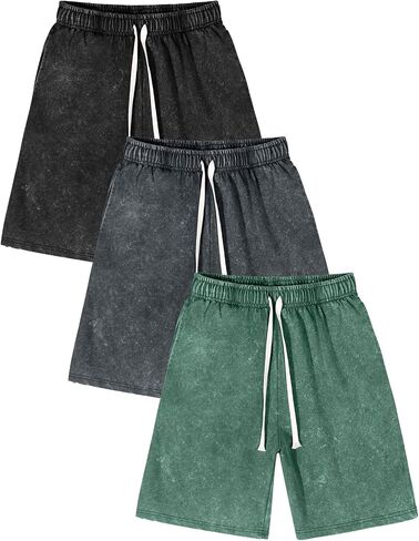COZYPOIN 3 Pack Mens Athletic Sweat Shorts Acid Washed Cotton Elastic Waist Gym Workout Running Casual Short with Pockets in Kuwait