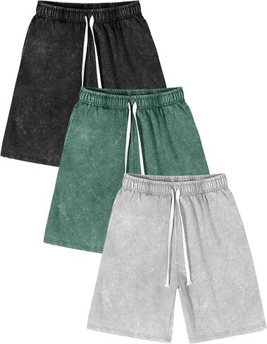 COZYPOIN 3 Pack Mens Athletic Sweat Shorts Acid Washed Cotton Elastic Waist Gym Workout Running Casual Short with Pockets in Kuwait
