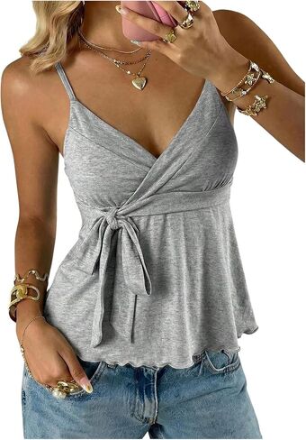 SOLY HUX Women's Babydoll Tops Sleeveless V Neck Peplum Crop Wrap Top Cute Summer Tie Front Camisole in Saudi Arabia