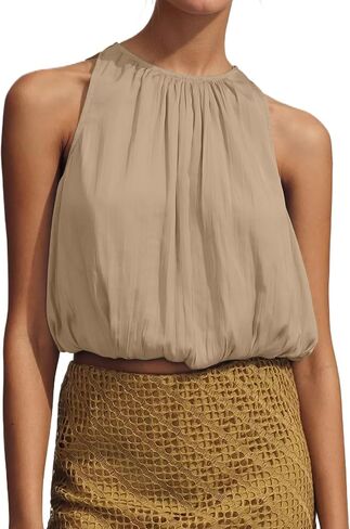 Womens Summer Halter Tops Cute Sleeveless Crewneck Puffy Hem Bubble Crop Tank Top Casual Dressy Going Out Blouse Top in Kuwait
