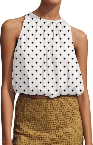 Womens Summer Halter Tops Cute Sleeveless Crewneck Puffy Hem Bubble Crop Tank Top Casual Dressy Going Out Blouse Top in Kuwait