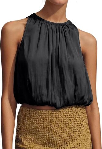 Womens Summer Halter Tops Cute Sleeveless Crewneck Puffy Hem Bubble Crop Tank Top Casual Dressy Going Out Blouse Top in Kuwait