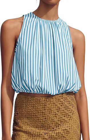 Womens Summer Halter Tops Cute Sleeveless Crewneck Puffy Hem Bubble Crop Tank Top Casual Dressy Going Out Blouse Top in Kuwait