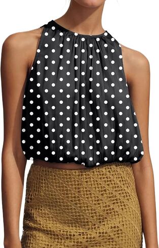 Womens Summer Halter Tops Cute Sleeveless Crewneck Puffy Hem Bubble Crop Tank Top Casual Dressy Going Out Blouse Top in Kuwait