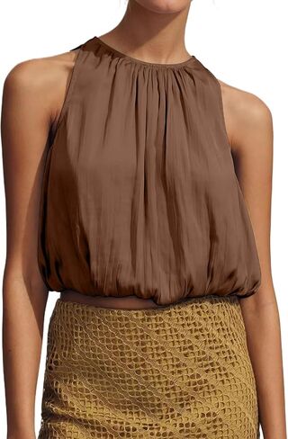 Womens Summer Halter Tops Cute Sleeveless Crewneck Puffy Hem Bubble Crop Tank Top Casual Dressy Going Out Blouse Top in Kuwait