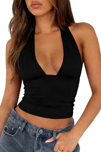 TiulZial Sexy Halter Tops for Women - Going Out Deep V Tank Top Backless Cute Summer Trendy Crop in Saudi Arabia
