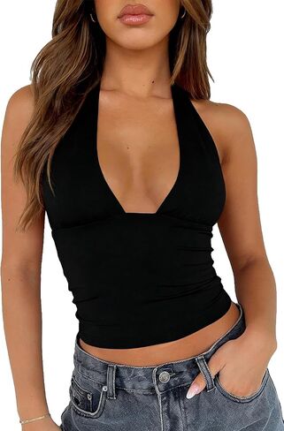 TiulZial Sexy Halter Tops for Women - Going Out Deep V Tank Top Backless Cute Summer Trendy Crop in Saudi Arabia