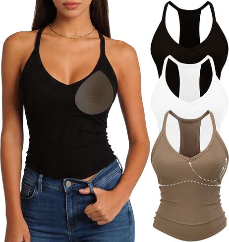 3 Pack Women's Ribbed Racerback Tank Tops with Built in Bras, V Neck Padded Sleeveless Fitted Cami Shirts in Saudi Arabia