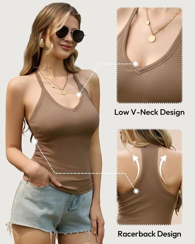 3 Pack Women's Ribbed Racerback Tank Tops with Built in Bras, V Neck Padded Sleeveless Fitted Cami Shirts in Saudi Arabia