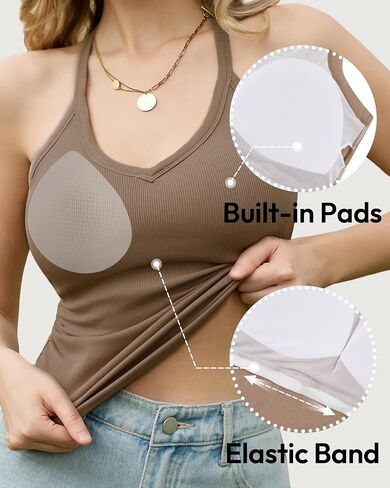 3 Pack Women's Ribbed Racerback Tank Tops with Built in Bras, V Neck Padded Sleeveless Fitted Cami Shirts in Saudi Arabia