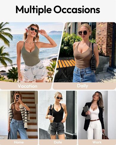 3 Pack Women's Ribbed Racerback Tank Tops with Built in Bras, V Neck Padded Sleeveless Fitted Cami Shirts in Saudi Arabia