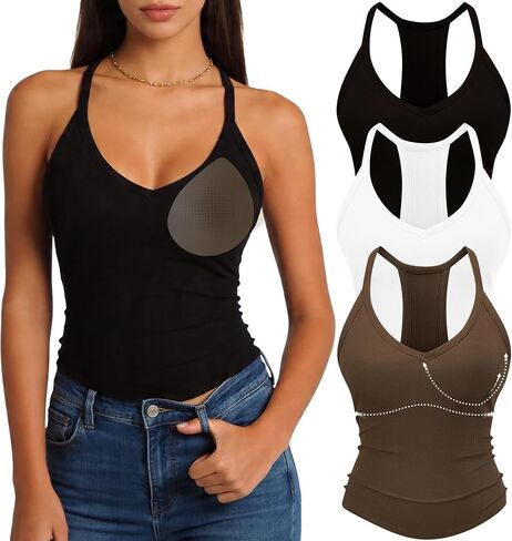 3 Pack Women's Ribbed Racerback Tank Tops with Built in Bras, V Neck Padded Sleeveless Fitted Cami Shirts in Saudi Arabia