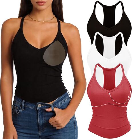 3 Pack Women's Ribbed Racerback Tank Tops with Built in Bras, V Neck Padded Sleeveless Fitted Cami Shirts in Saudi Arabia