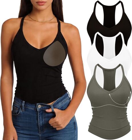 3 Pack Women's Ribbed Racerback Tank Tops with Built in Bras, V Neck Padded Sleeveless Fitted Cami Shirts in Saudi Arabia