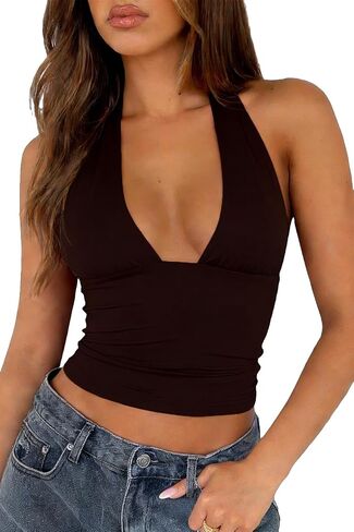 TiulZial Sexy Halter Tops for Women - Going Out Deep V Tank Top Backless Cute Summer Trendy Crop in Saudi Arabia