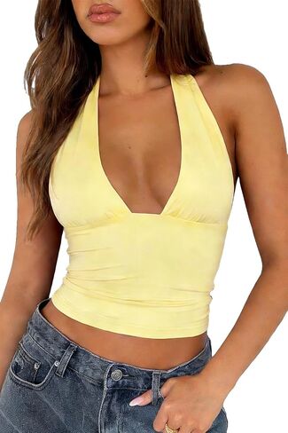 TiulZial Sexy Halter Tops for Women - Going Out Deep V Tank Top Backless Cute Summer Trendy Crop in Saudi Arabia