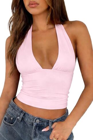 TiulZial Sexy Halter Tops for Women - Going Out Deep V Tank Top Backless Cute Summer Trendy Crop in Saudi Arabia