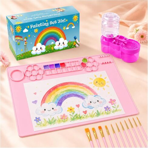 Silicone Painting Mat Set 15.7"x23.6" with Paint Brush Cleaner & 10 Quality Brushes – Non-Slip, Durable & Easy Clean for Painting Projects, DIY Crafts & Art Studios – Painting Station Use (Pink) in Saudi Arabia