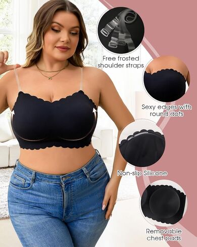 Strapless Wireless Bra for Women Scalloped Full Coverage Bandeau Comfortable Everyday Non-Wired Bra for Large Busts in Saudi Arabia