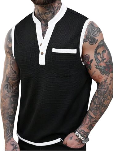 WDIRARA Men's Waffle Knit Tank Tops Color Block Button Sleeveless Henley Shirts Tops in Kuwait