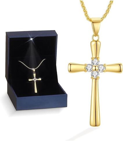 Gold Moissanite Cross Necklace for Women Wife in Light-Up Gift Box - Christian Chain Jewelry with Love Card, Her Shinning Anniversary Birthday Gifts for Wife Girlfriend, Womens Cross Jewelry (18K Gold Plated) in Kuwait